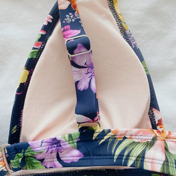 Kona Sol Tropical Print Longline Bikini Top navy blue medium 8/10nswimsuit - Picture 12 of 16